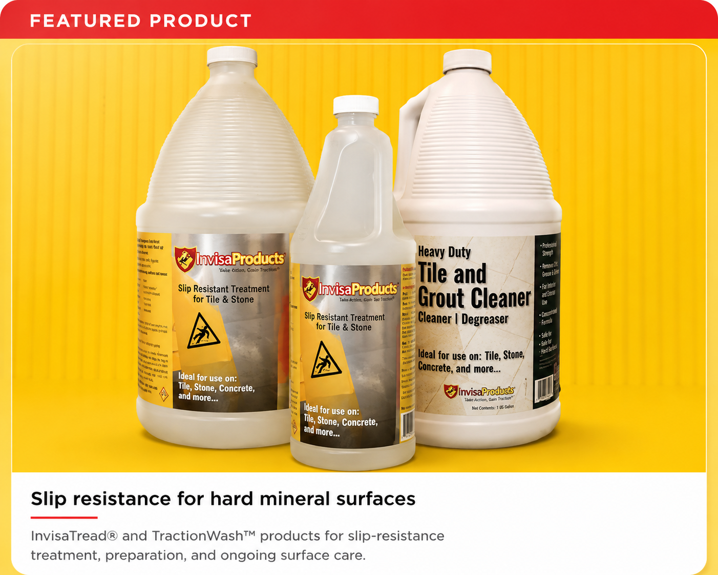 InvisaProducts featured product lineup including InvisaTread slip-resistant treatment and TractionWash cleaner